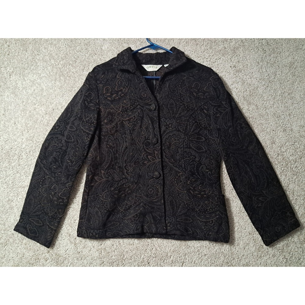 Orvis Jacket Women Medium Black Brown Paisley Tapestry Button Front Blazer Coat
